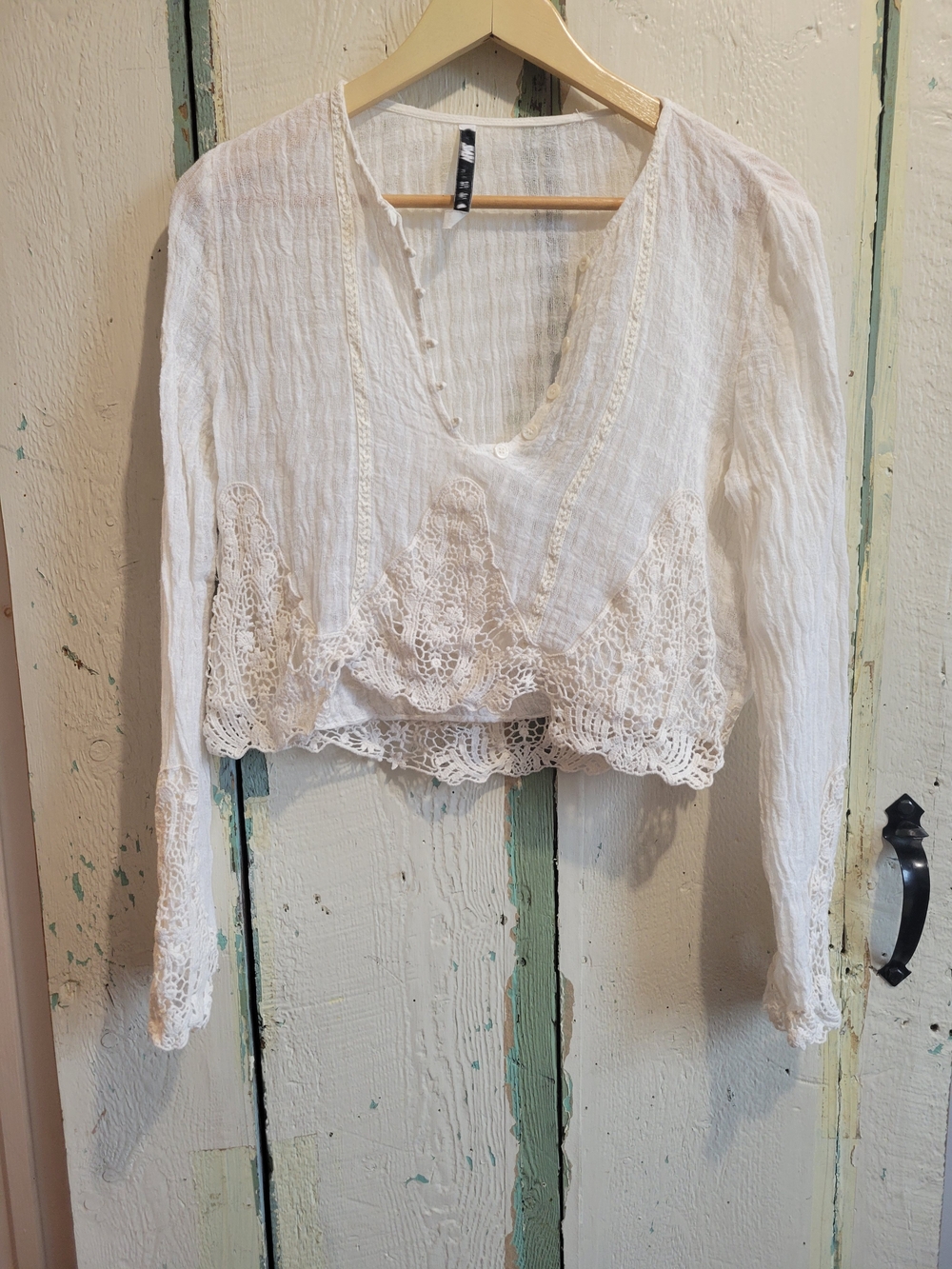 Zara Cream Cotton Linen Cropped Lace-Trim V-Neck Top